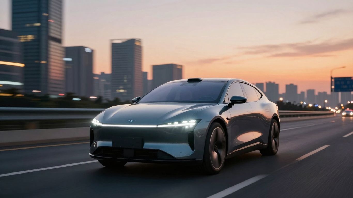 Futuristic electric car on a highway at sunset.