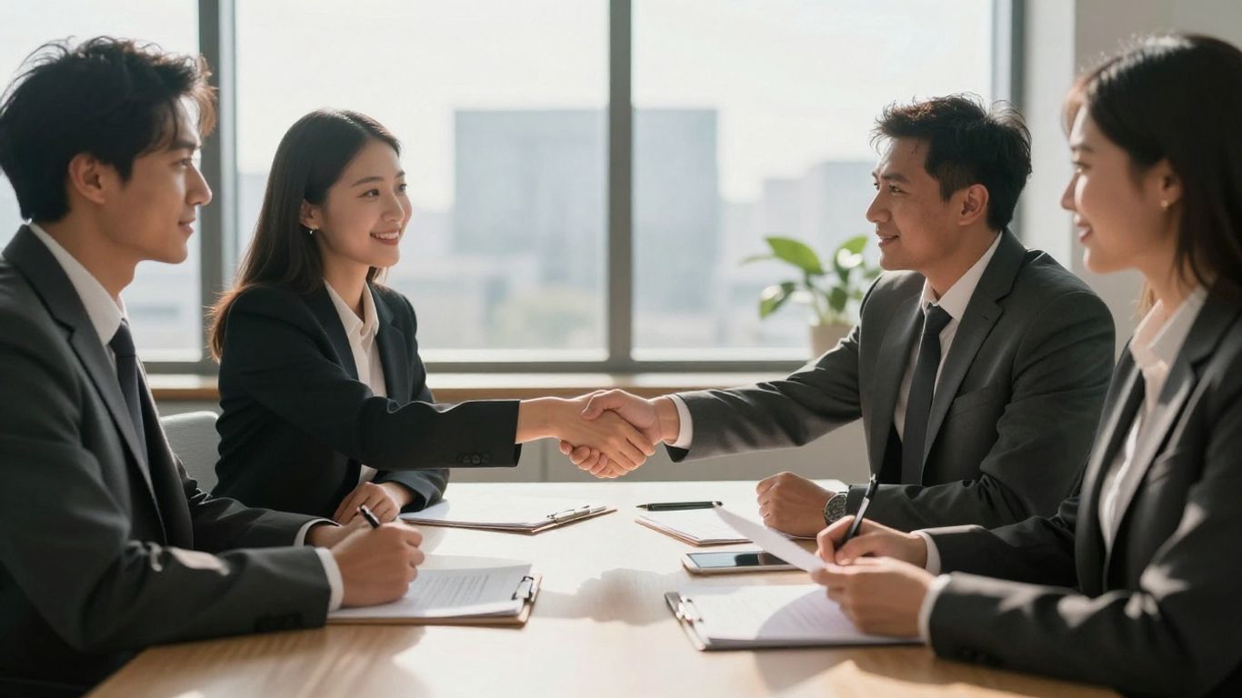 Business owners discussing general liability insurance in an office.