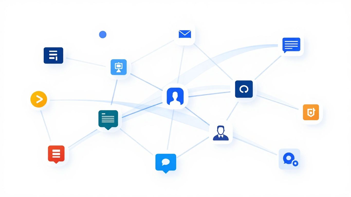 Infographic of interconnected nodes and software icons for automation.