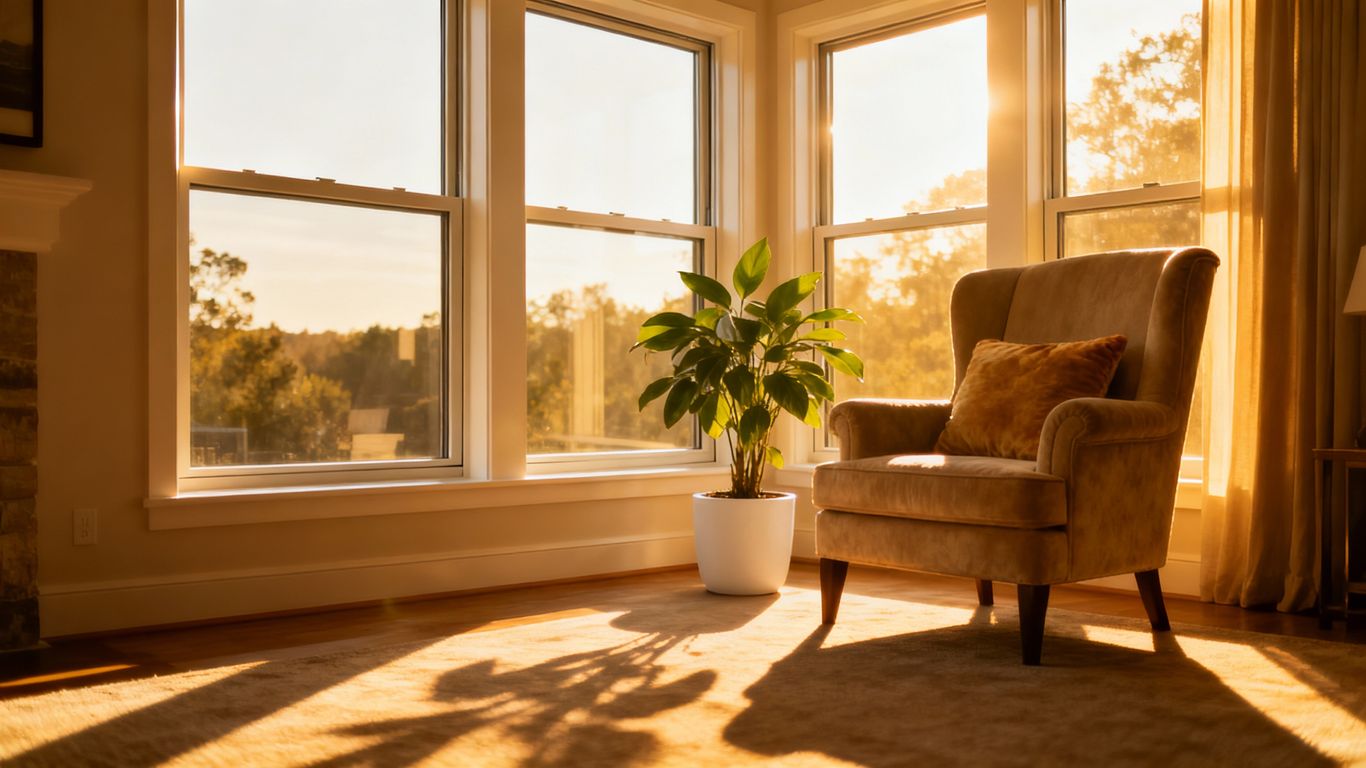 Comfortable living room with new, bright windows.