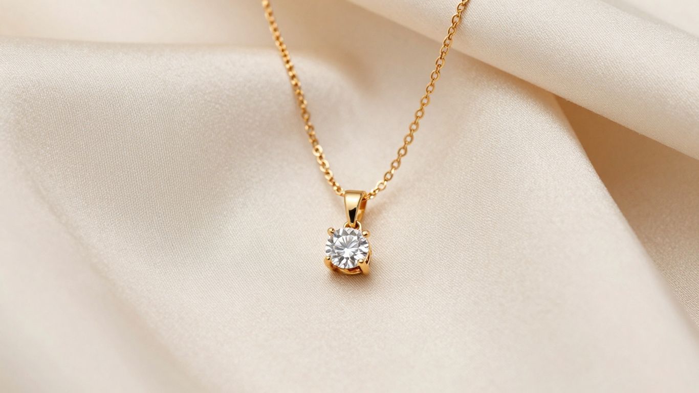 Colier elegant cu diamant pe mătase cremă.