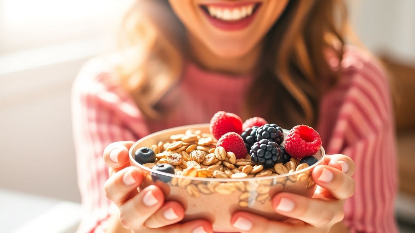 Person happily holding a bowl of bran cereal and berries.