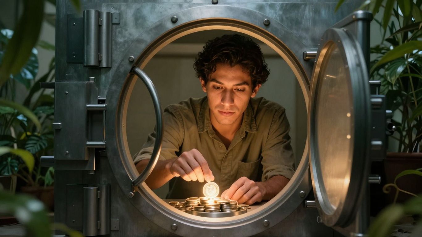 Person depositing a glowing coin into a bank vault.