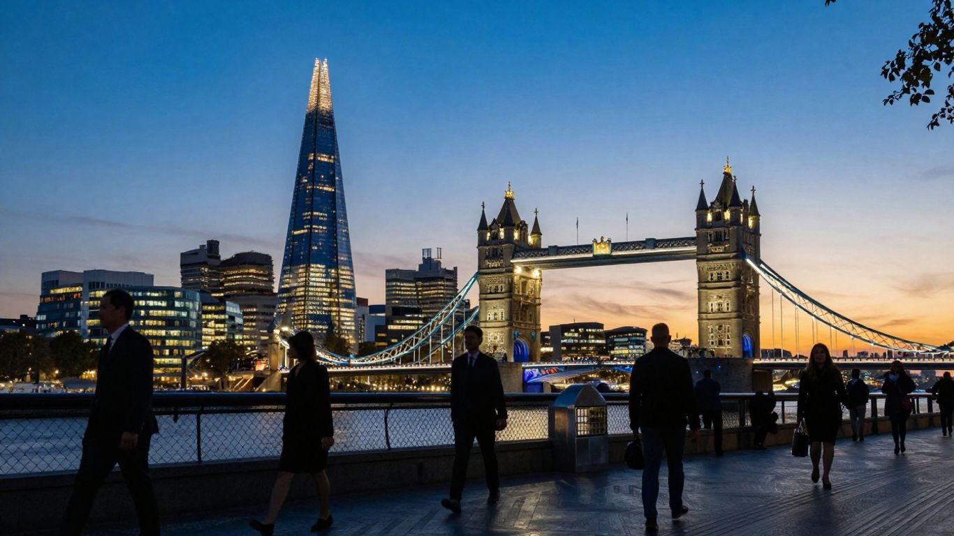 London skyline with professionals walking near the Thames
