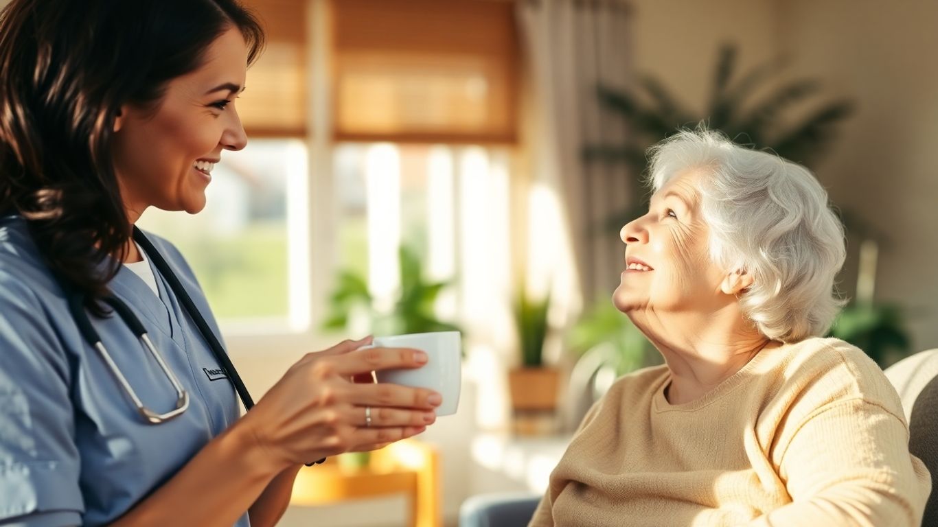 Caregiver offers tea to a resident in a bright room.