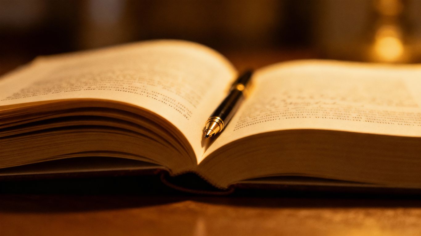 Open book with a pen on its pages.