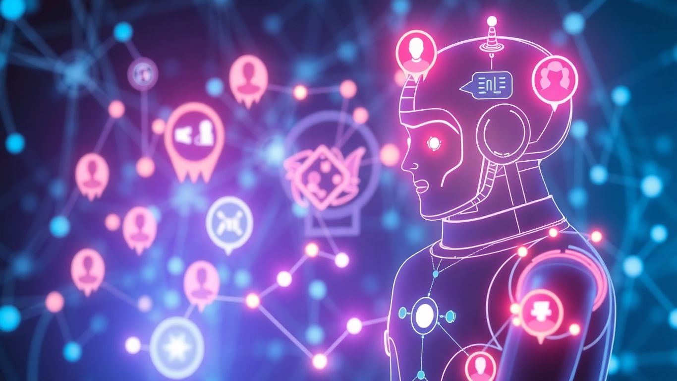 Futuristic AI chatbot interface with user avatars and data streams.