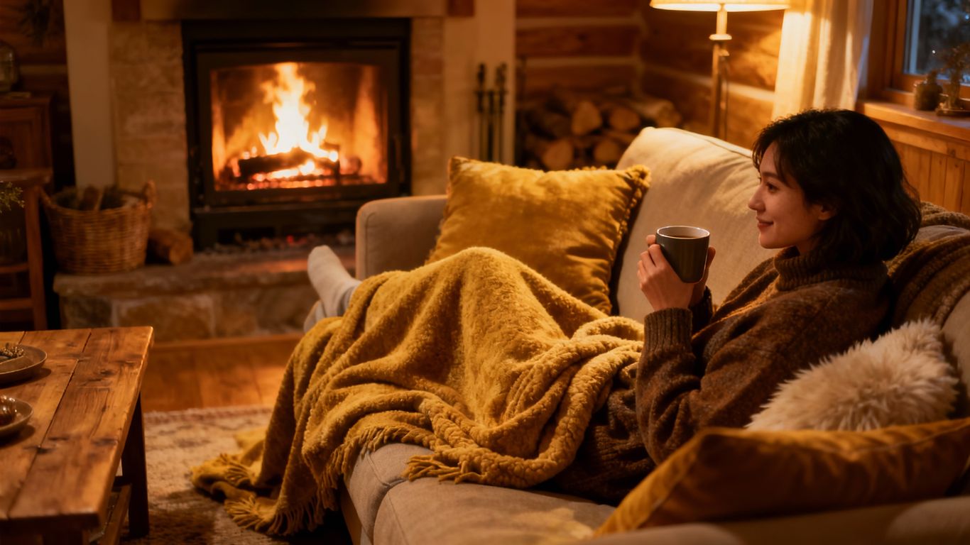 Cozy living room with fireplace and person relaxing.