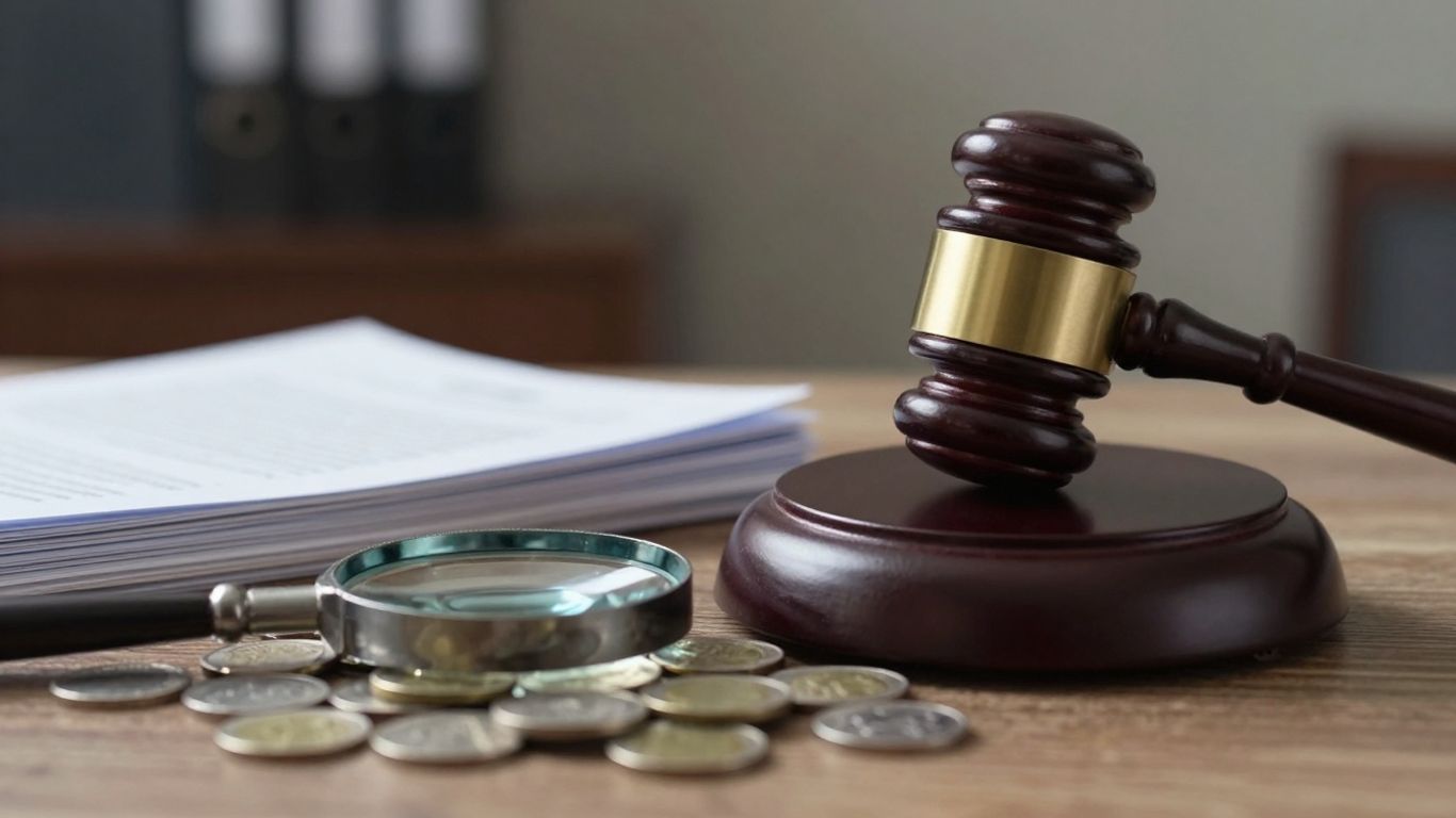 Gavel, documents, and money related to tax disputes.