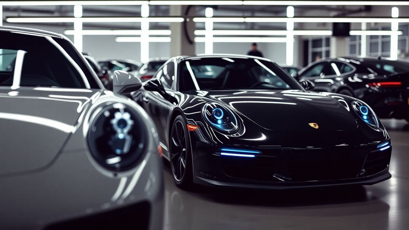 Porsche vehicles undergoing advanced diagnostics in a modern garage.