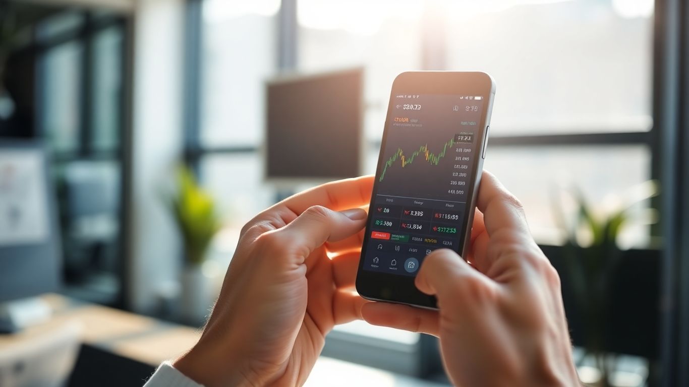 Hands holding a smartphone with stock market data.