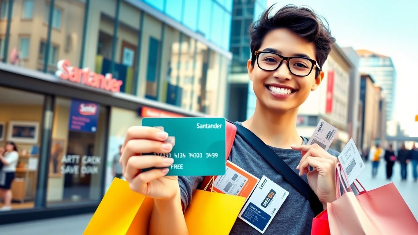 Pessoa feliz com cartão Santander Free e sacolas de compras