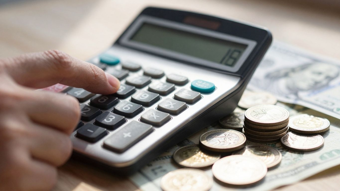 Hand with calculator and money, financial planning