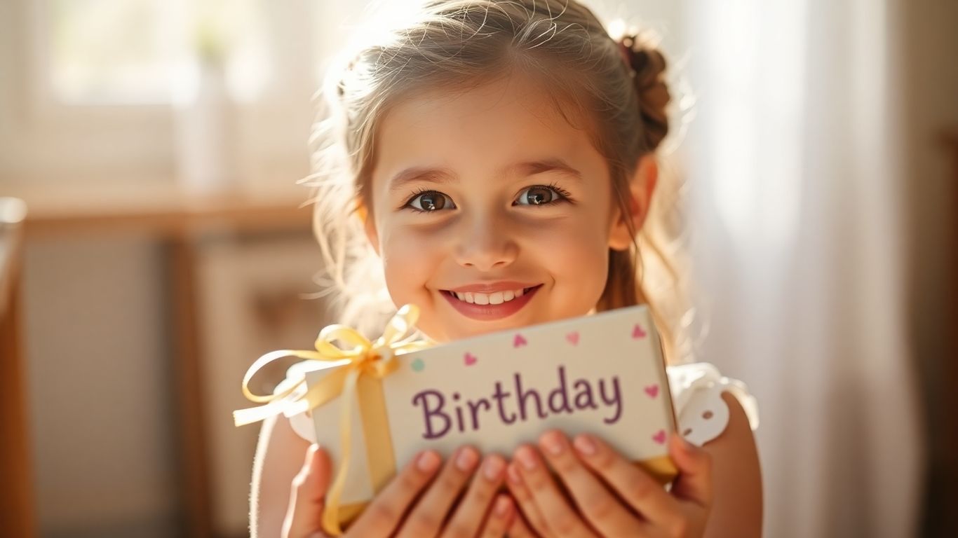 Girl cherishes personalized birthday gift with a smile.