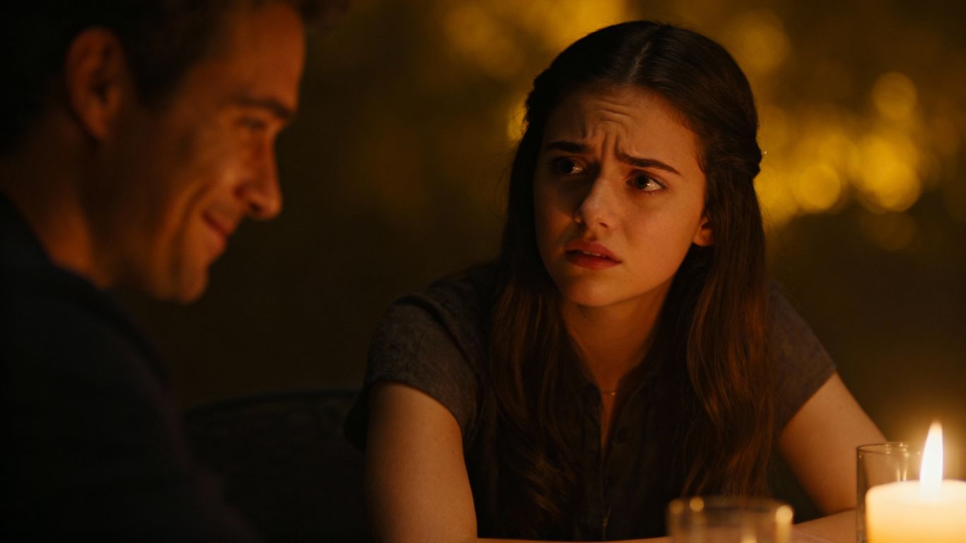 Couple on a date, woman looks nervous, man smiles gently.