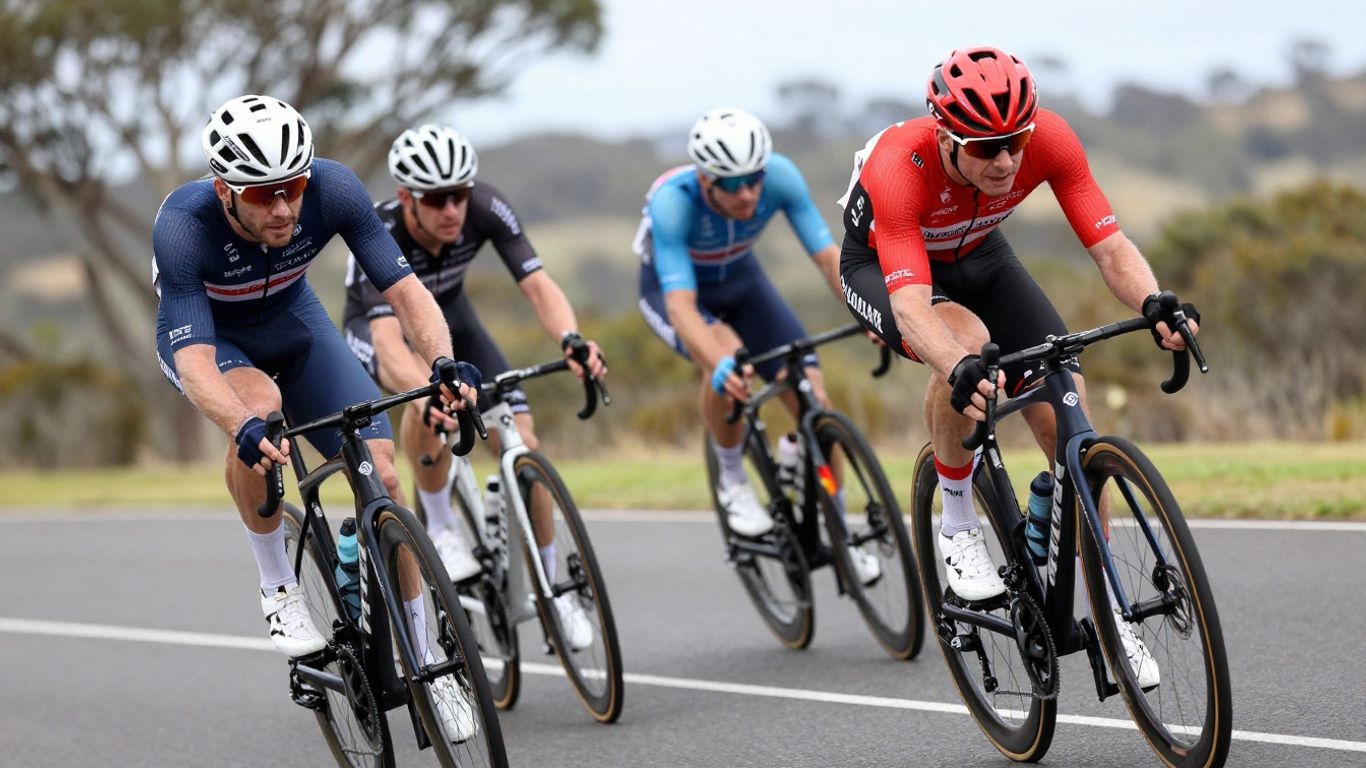 Cyclists racing on a road with Australian scenery.