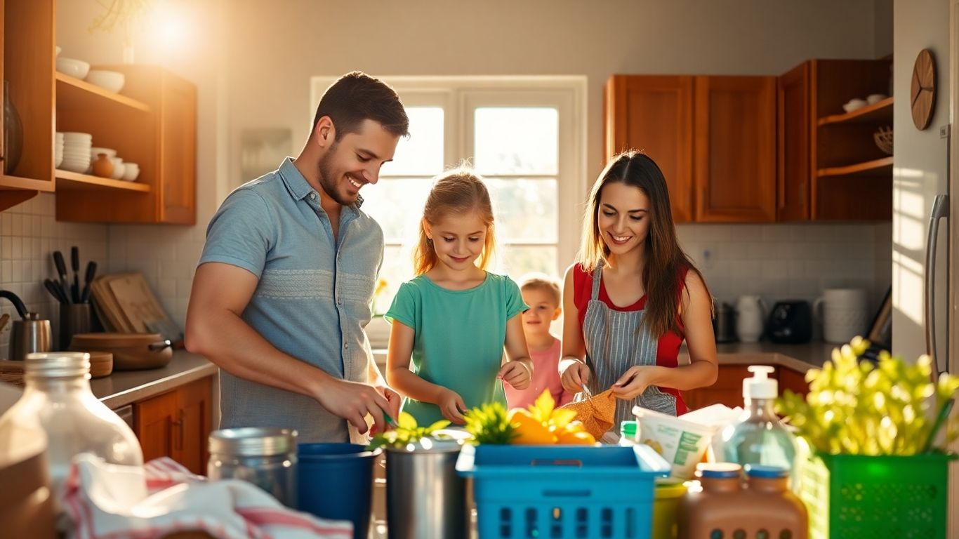 Famille souriante organisant la maison ensemble