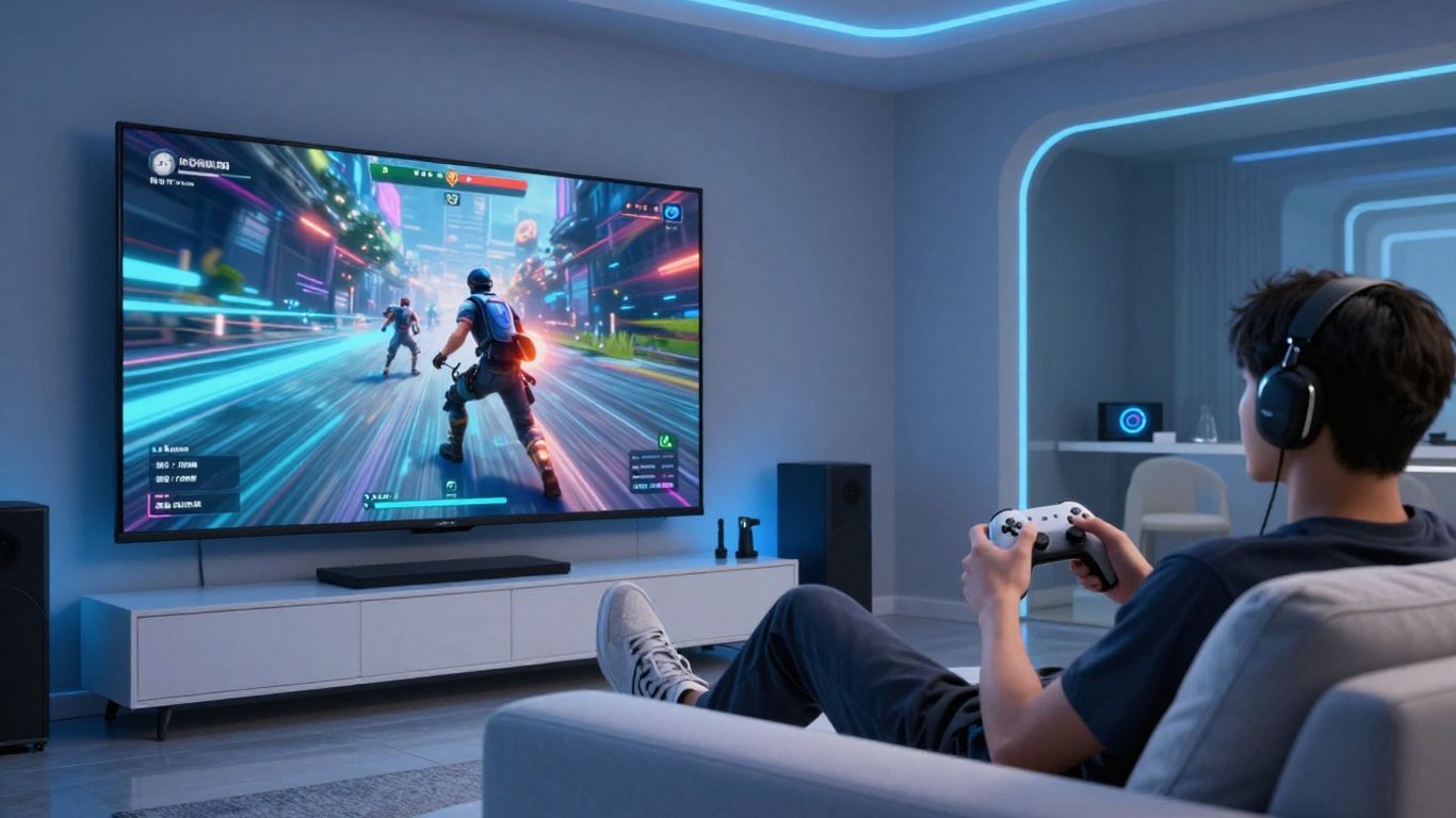 Image de cloud gaming sur un écran de télévision.