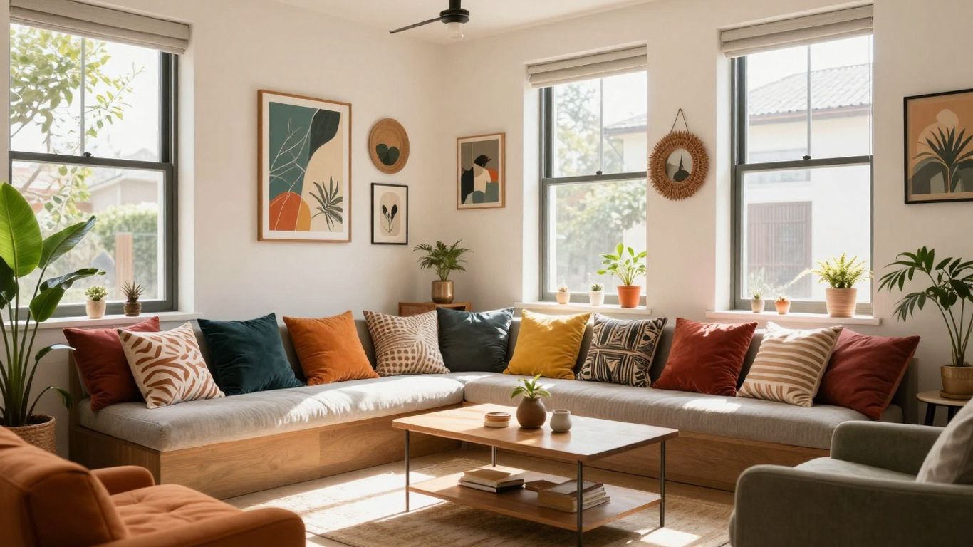 Stylish Airbnb interior with vibrant decor and unique furniture.