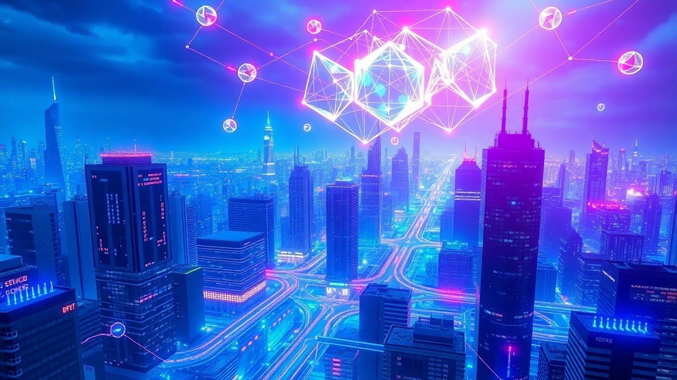 Oraș futurist conectat prin noduri digitale și forme geometrice.