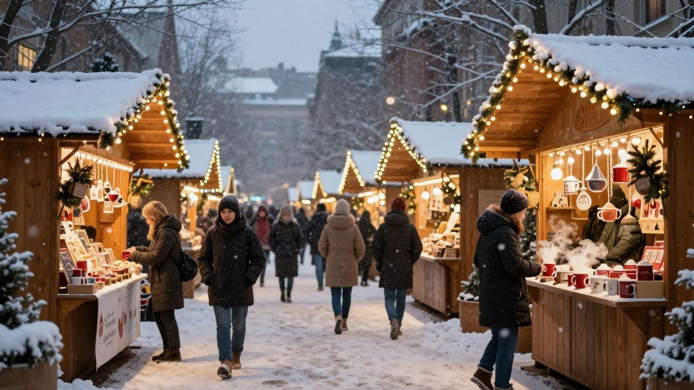 Weihnachtsmarkt mit Lichtern und Schnee