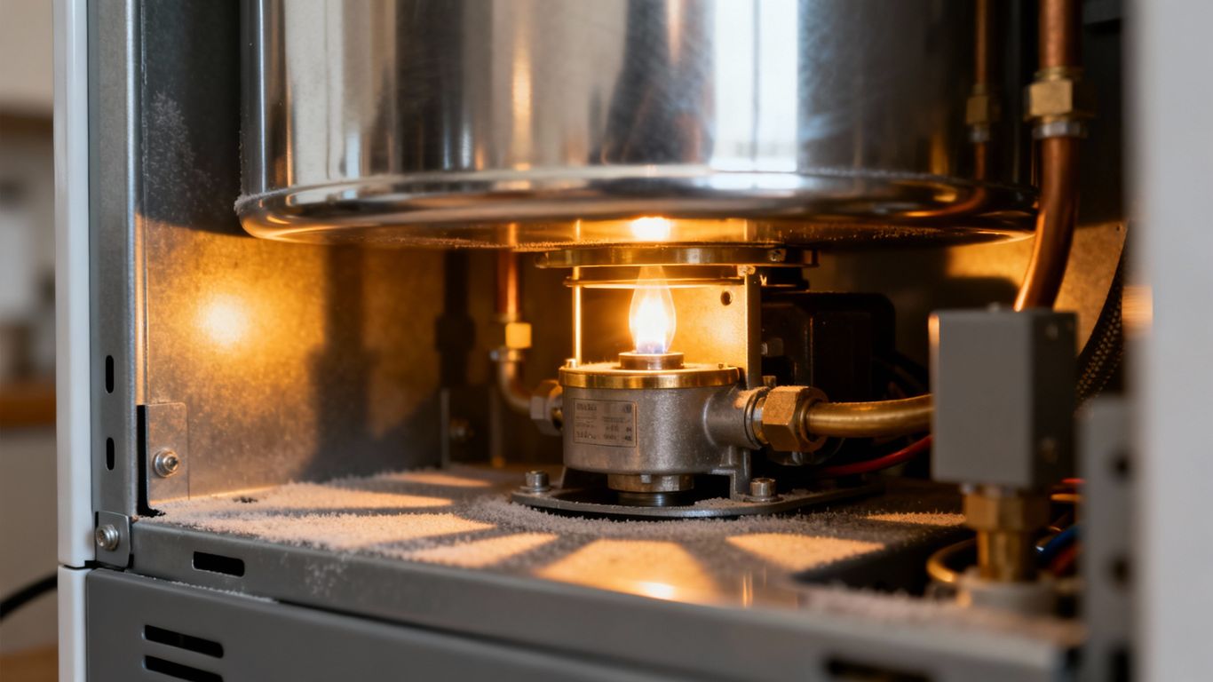 Furnace interior with pilot light glowing.