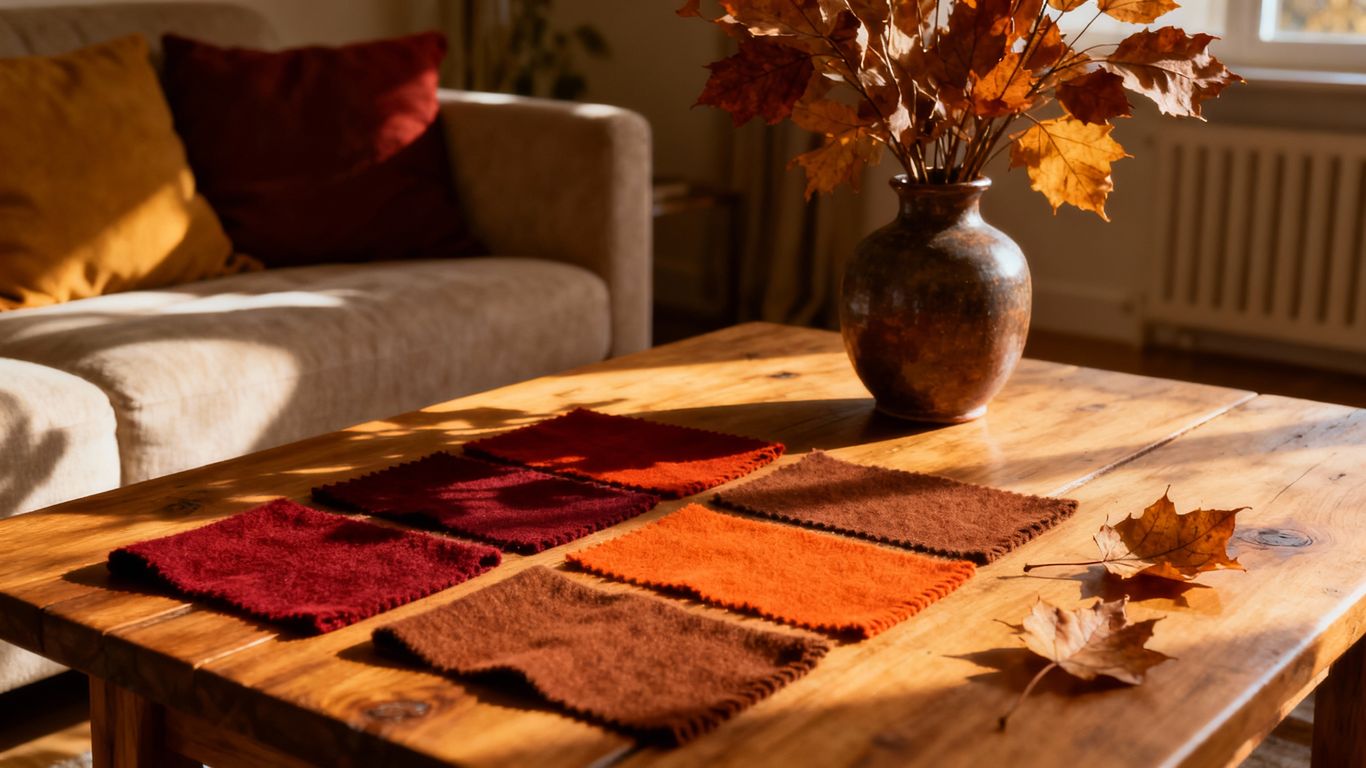 Fall paint colors swatches in a cozy room.