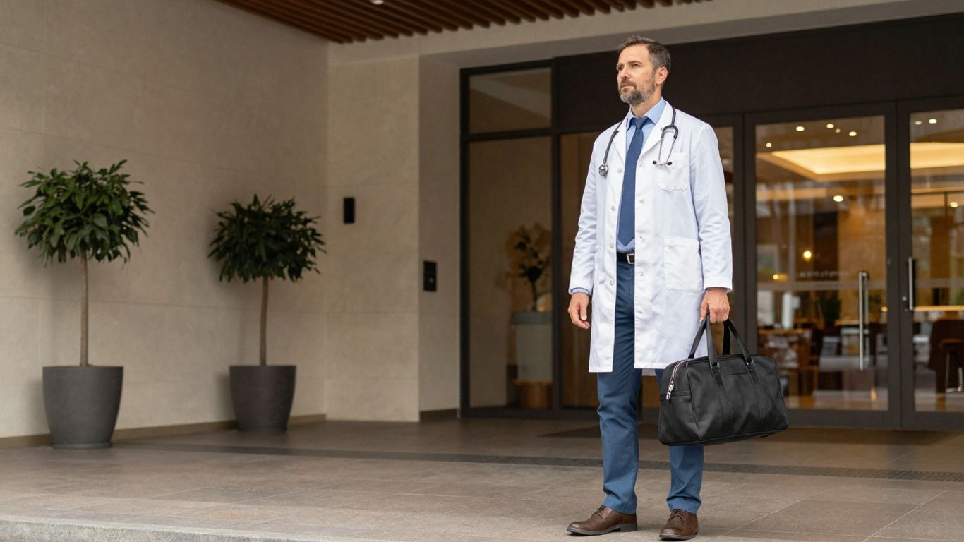 Doctor arriving at a hotel for a house call.