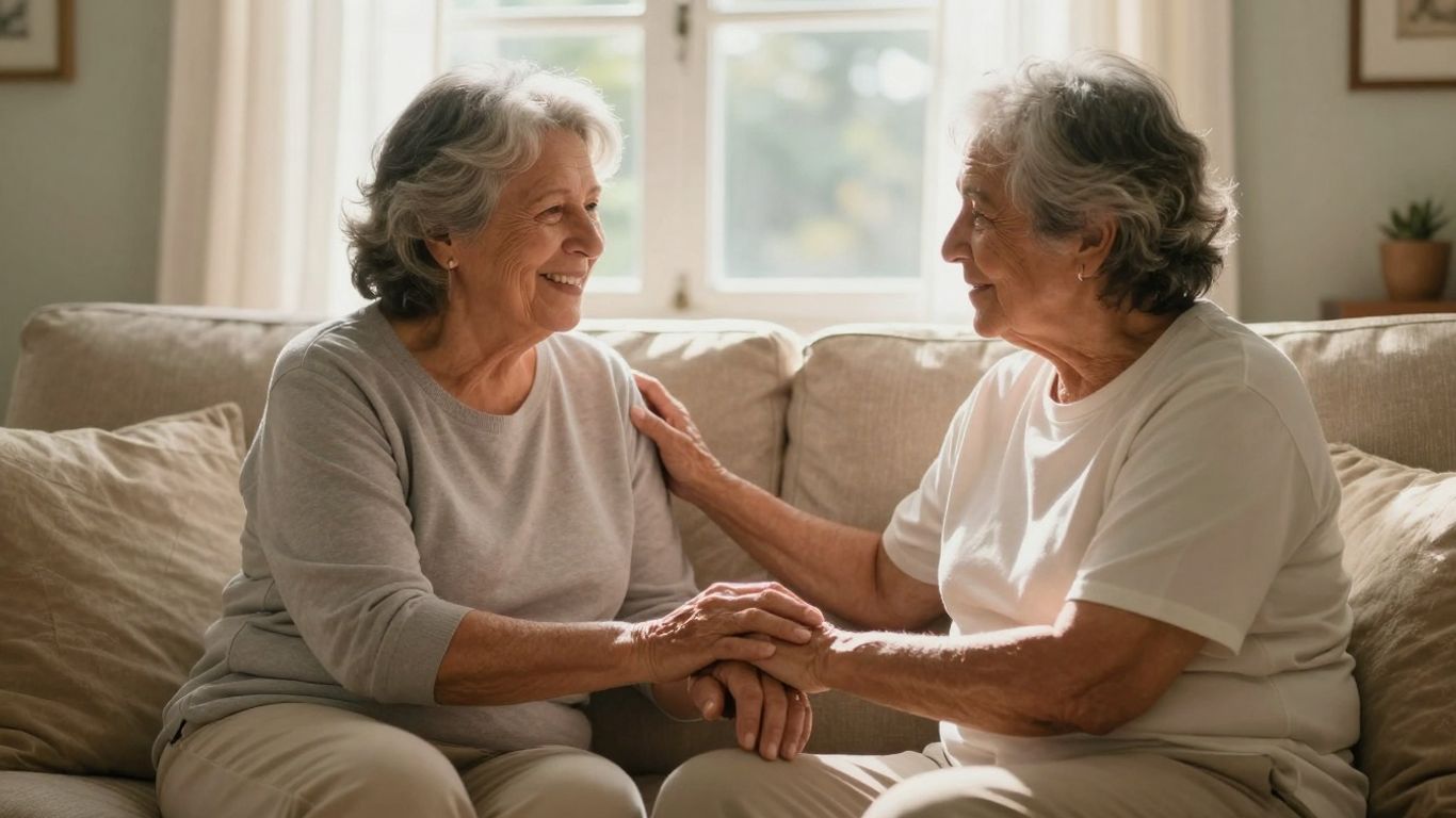Elderly couple holding hands in a living room.