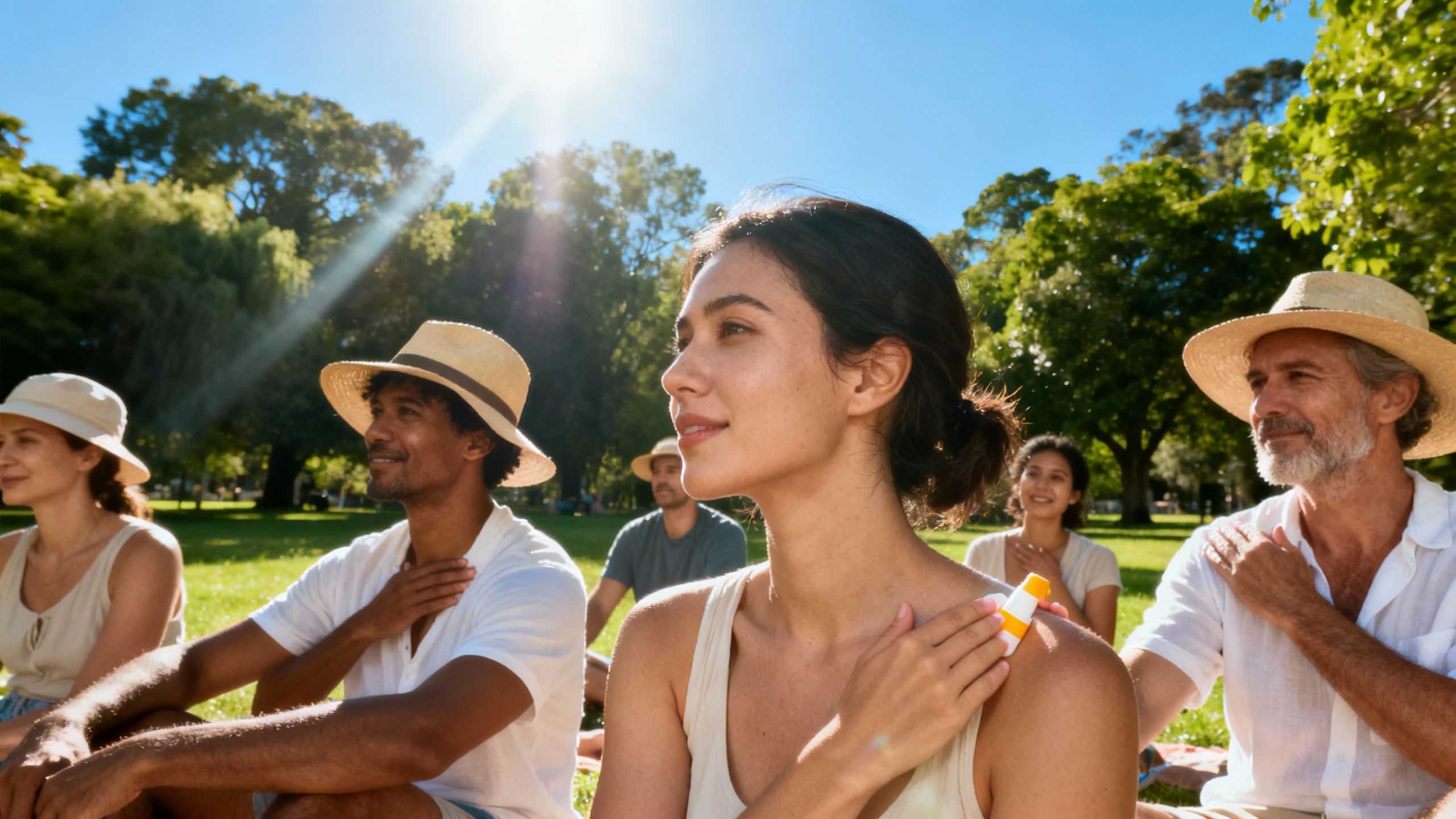 People enjoying safe sun exposure in a park