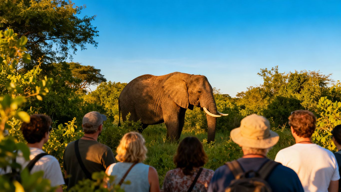 Tourists respectfully observing an elephant in its natural habitat.
