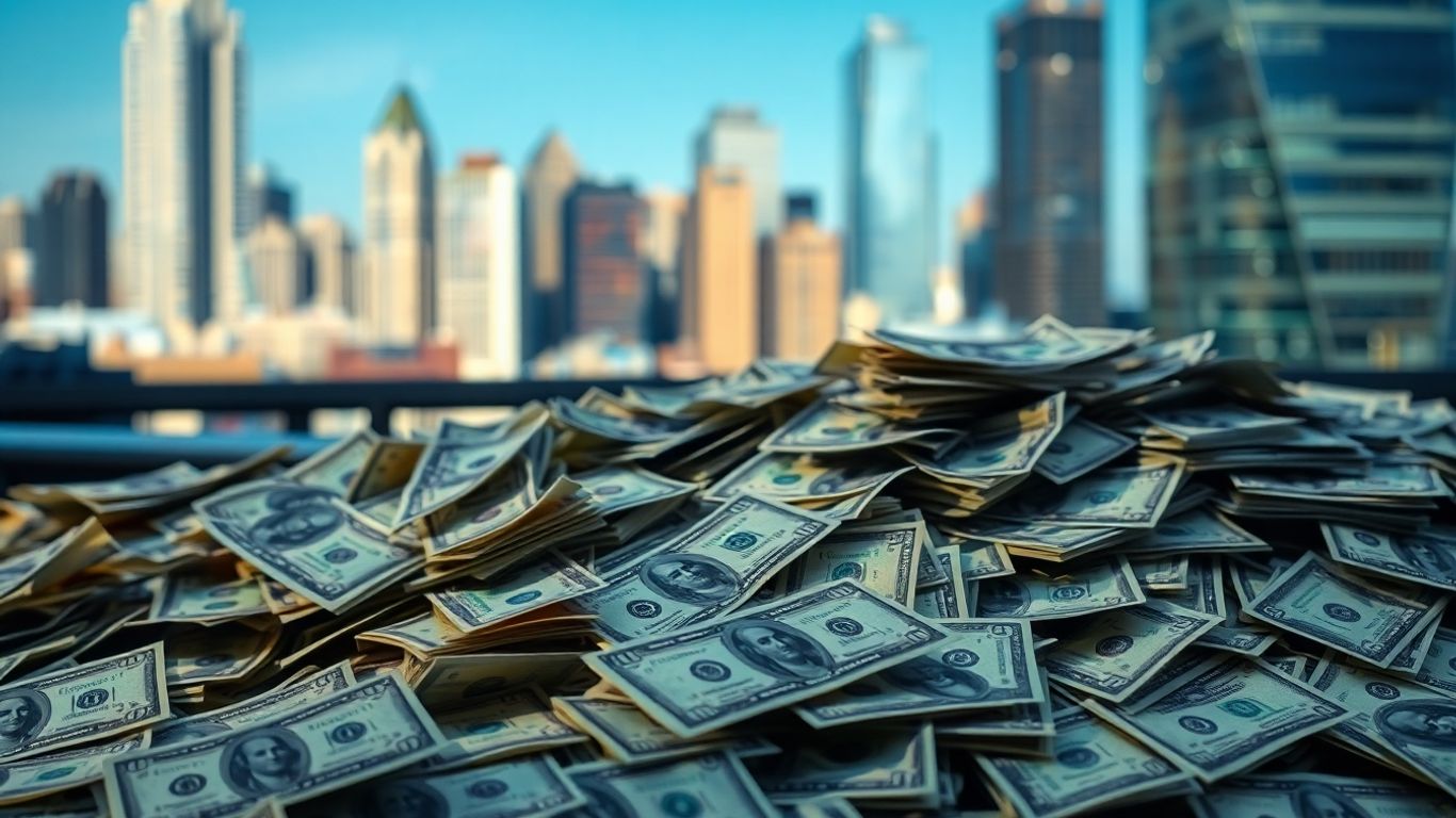 Pile of money with blurred city background.