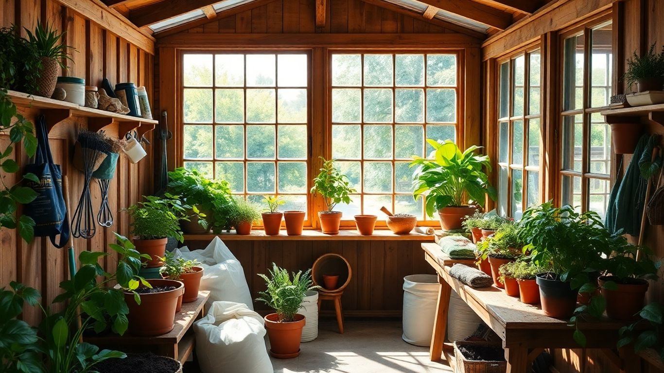 Wooden potting shed filled with plants and gardening tools.