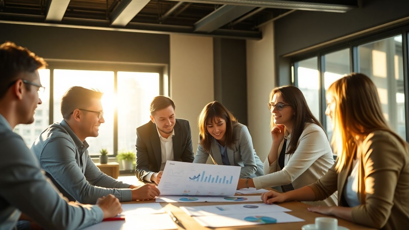 Team planning financial strategy around a table.