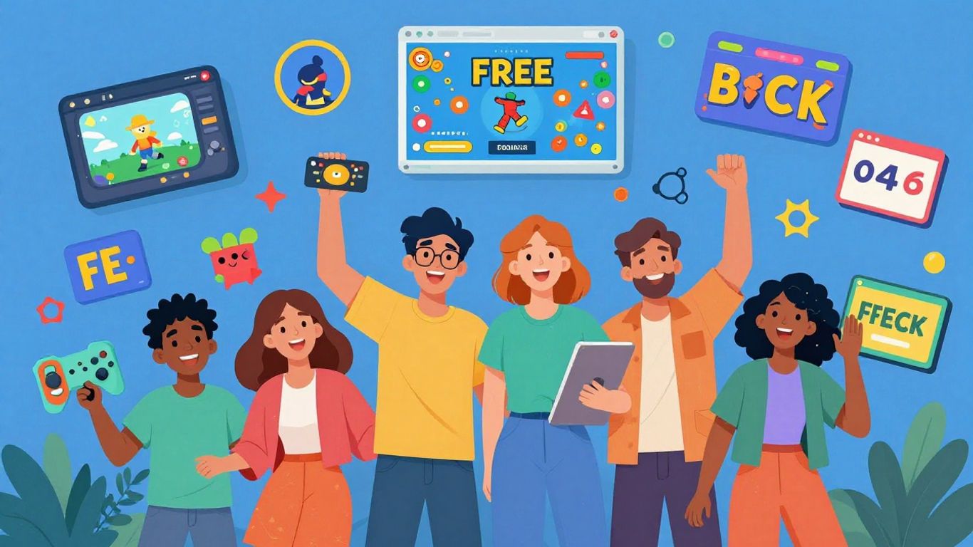 Characters playing diverse free online games in a digital playground.