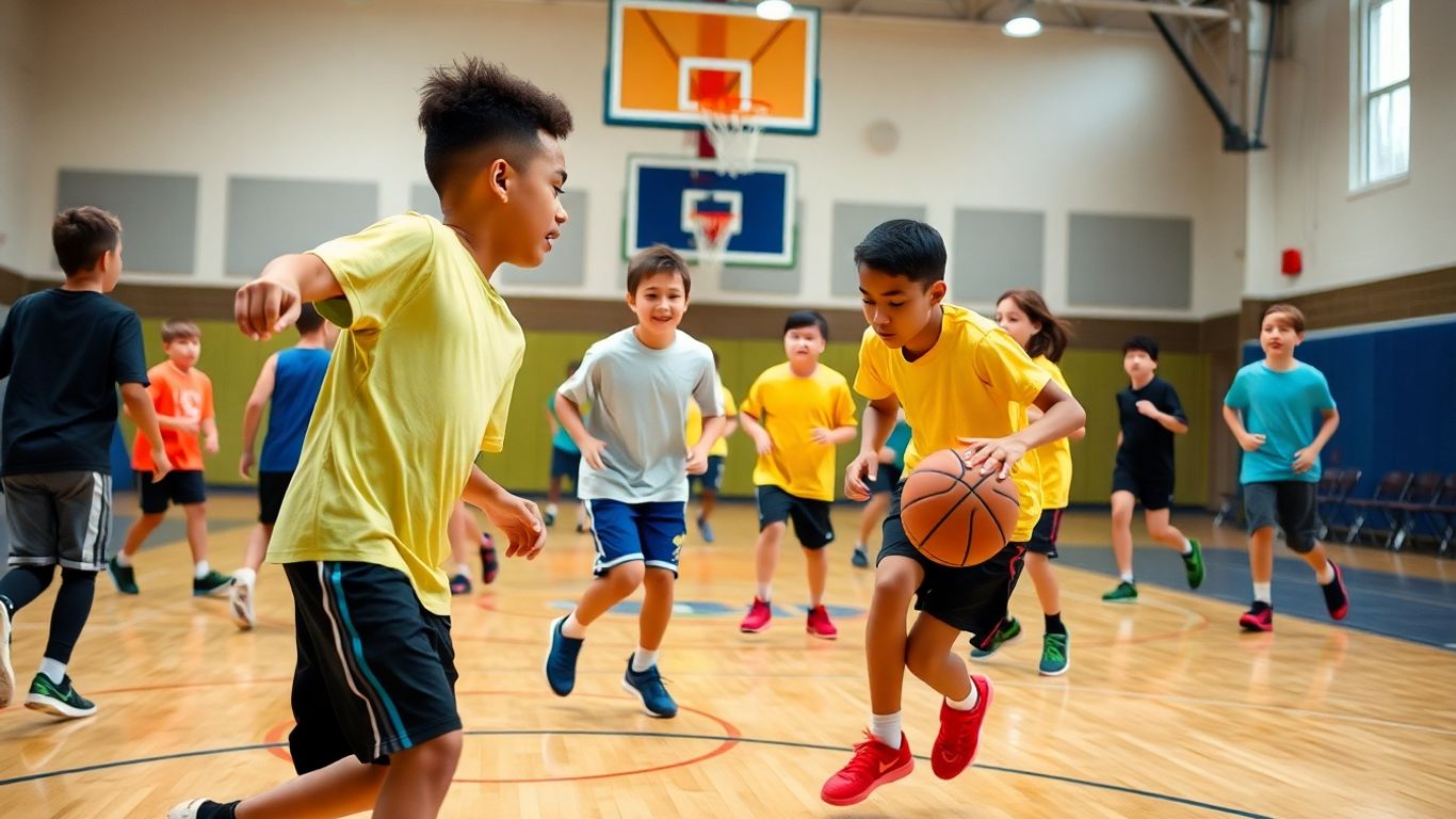 Schüler spielen Basketball im Sportunterricht
