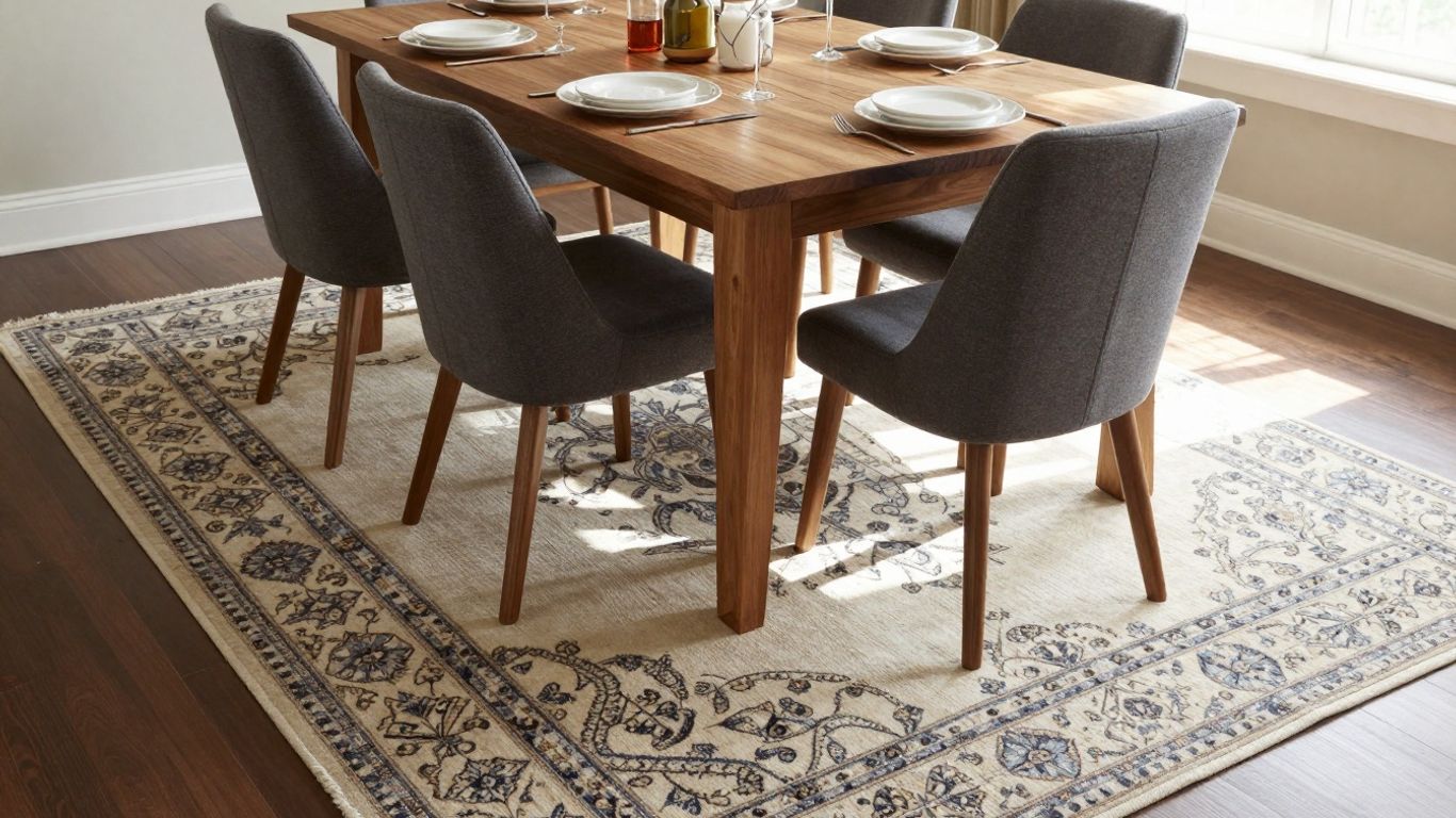 Teppich unter Esstisch mit Stühlen und Geschirr.