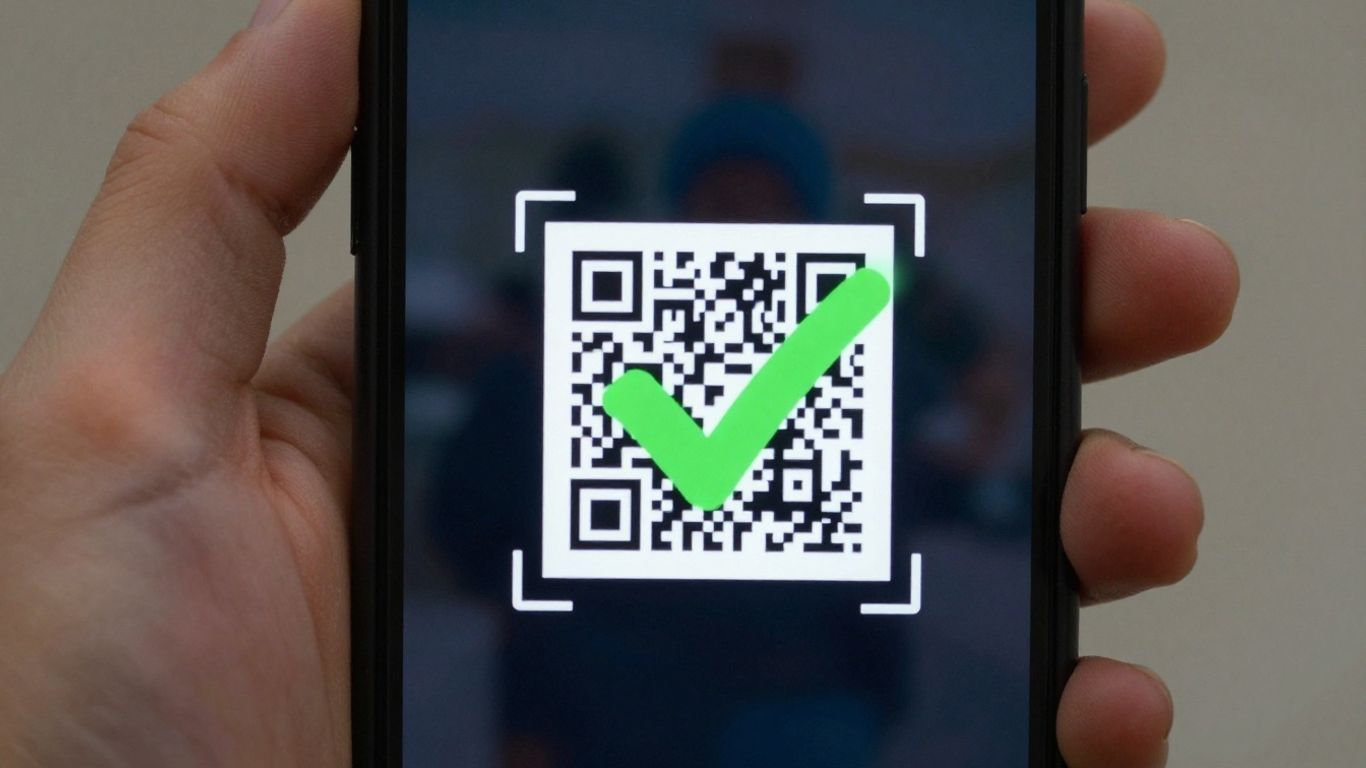 Smartphone scanning a QR code with a safety check.