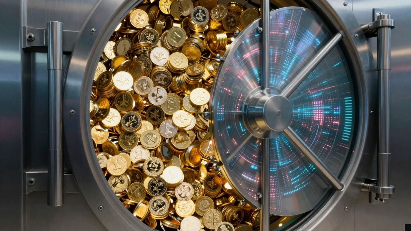 Digital vault filled with glowing interconnected tokens.
