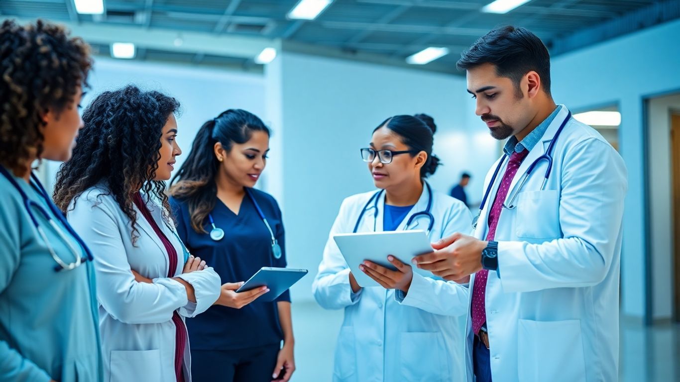 Gesundheitspersonal in modernem Umfeld mit blauen Akzenten.