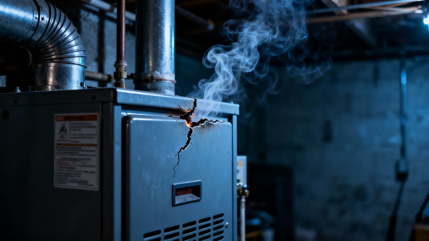 Cracked furnace with smoke in a cold basement.