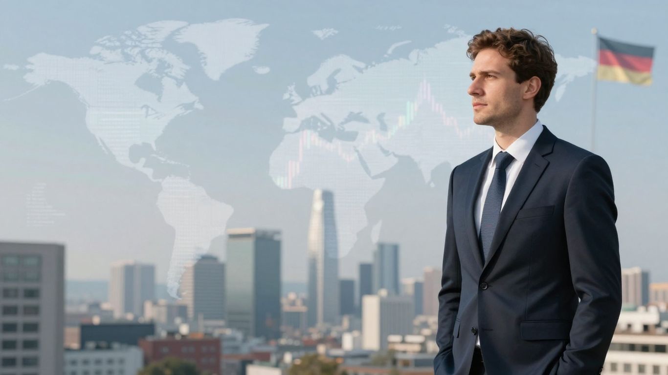 Man in suit overlooking German cityscape with global finance overlay.