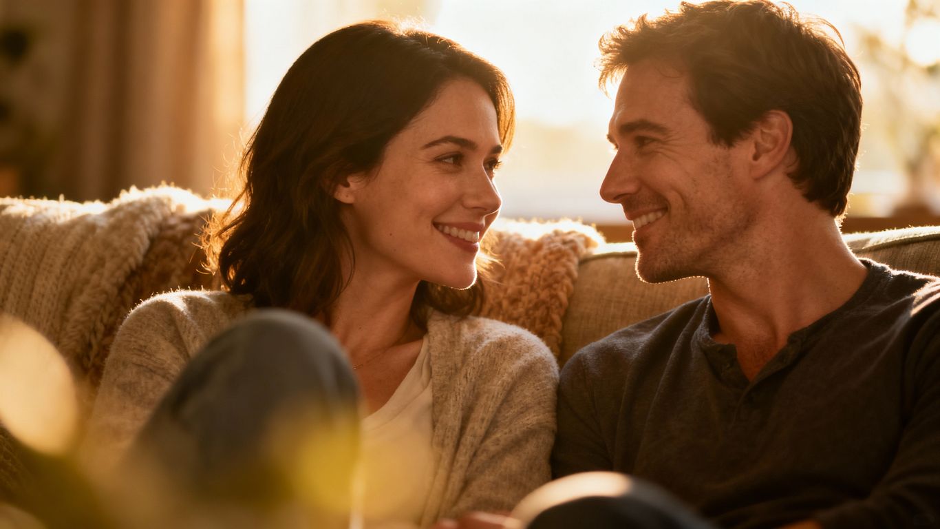 Couple talking intimately on a couch