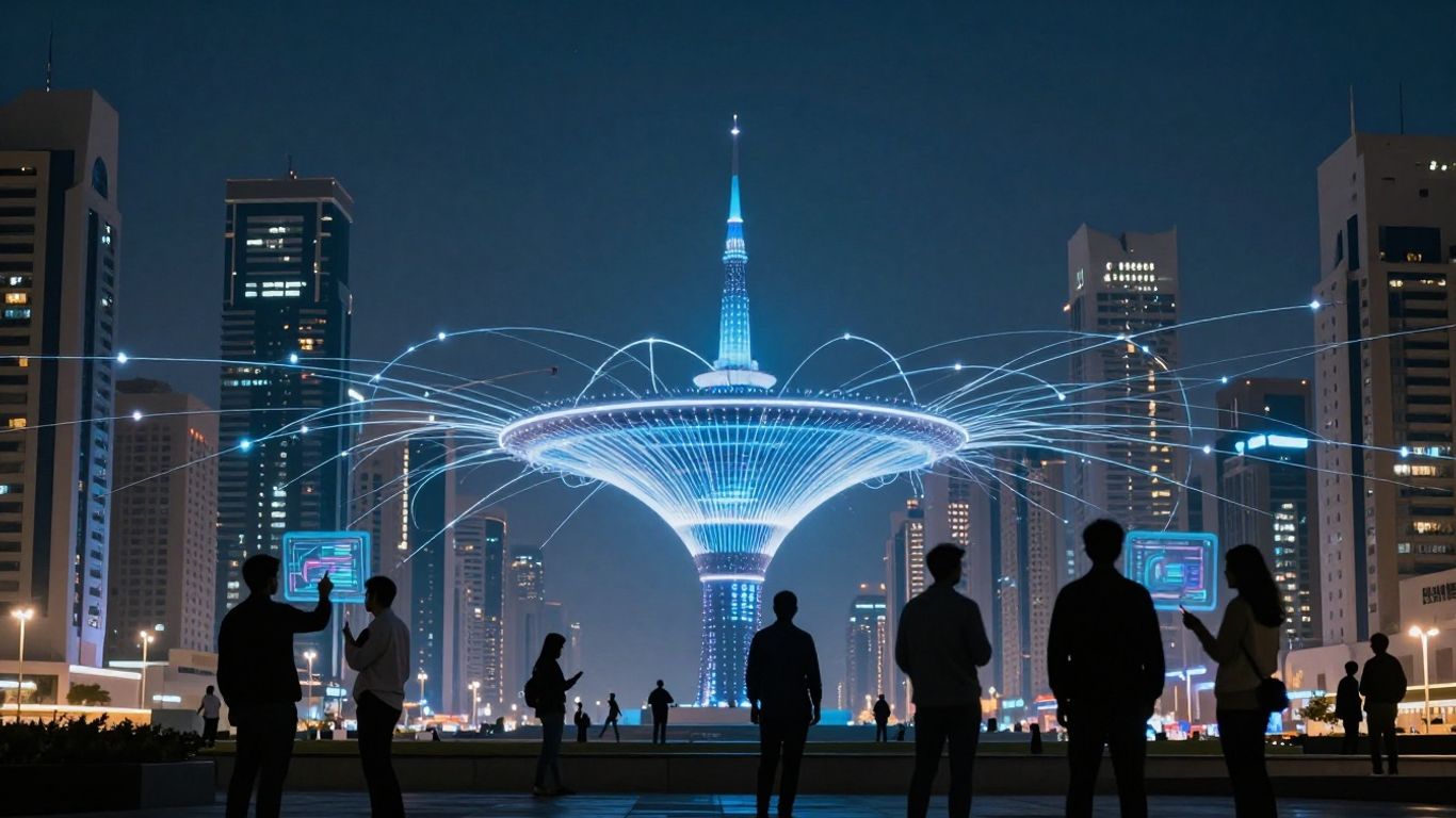 Oraș inteligent cu infrastructură digitală conectând clădiri.