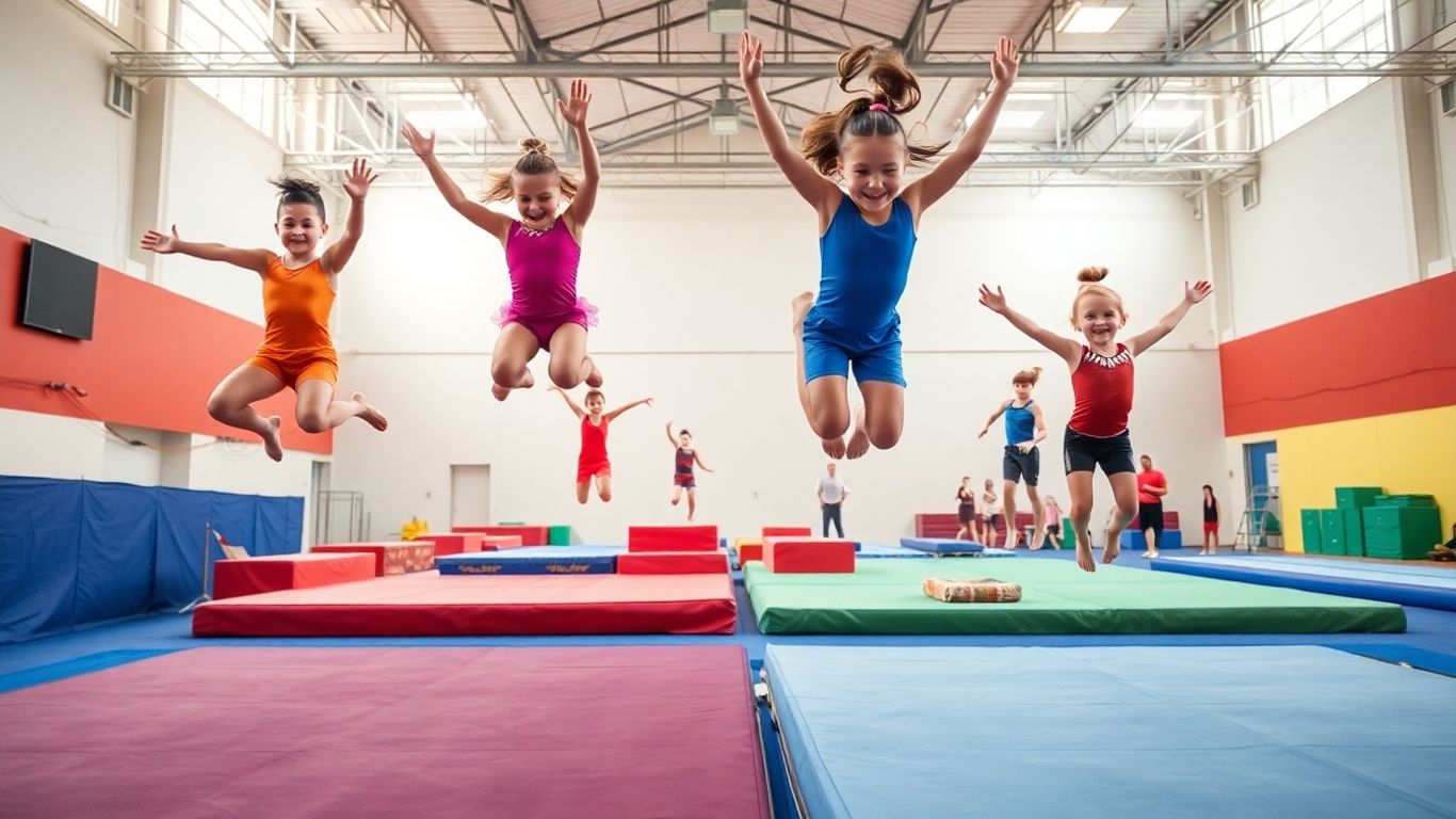 Gymnasts performing flips and leaps in a bright club.