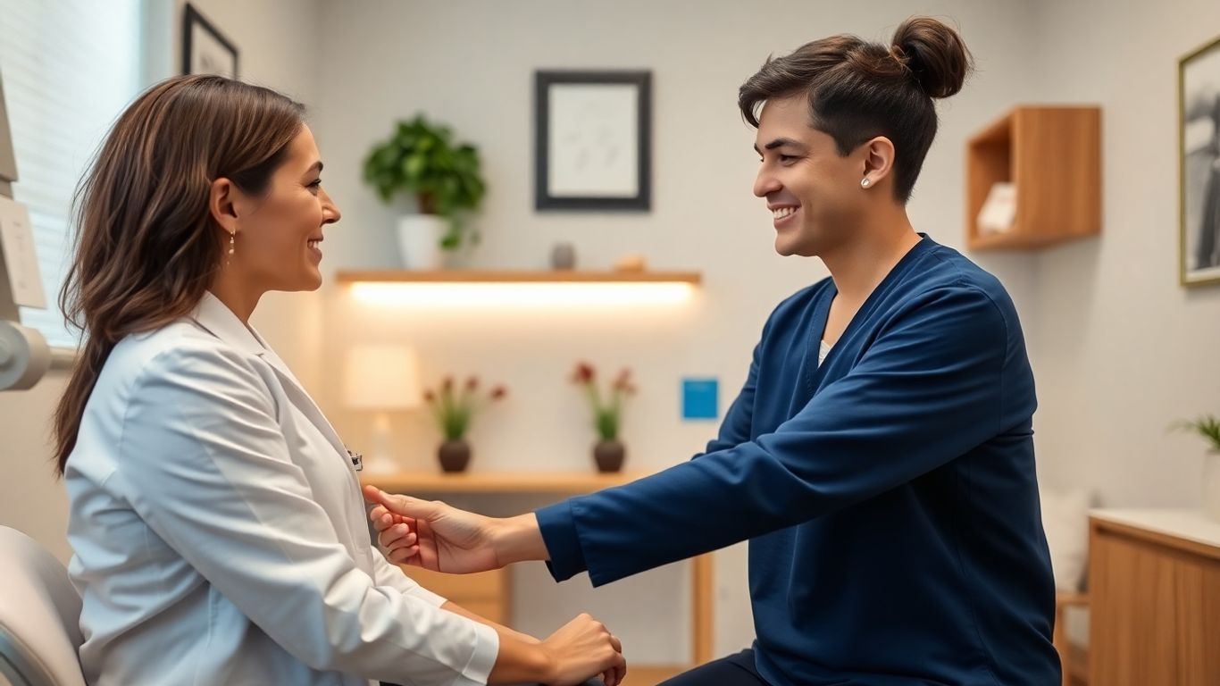 Clinic practitioner comforting a client with a gentle interaction.