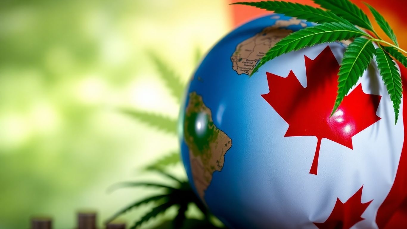 Canadian flag and globe with hemp leaf.