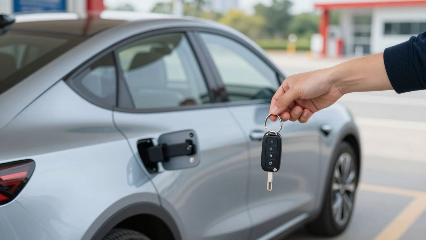 Carro econômico em posto de gasolina com chave.