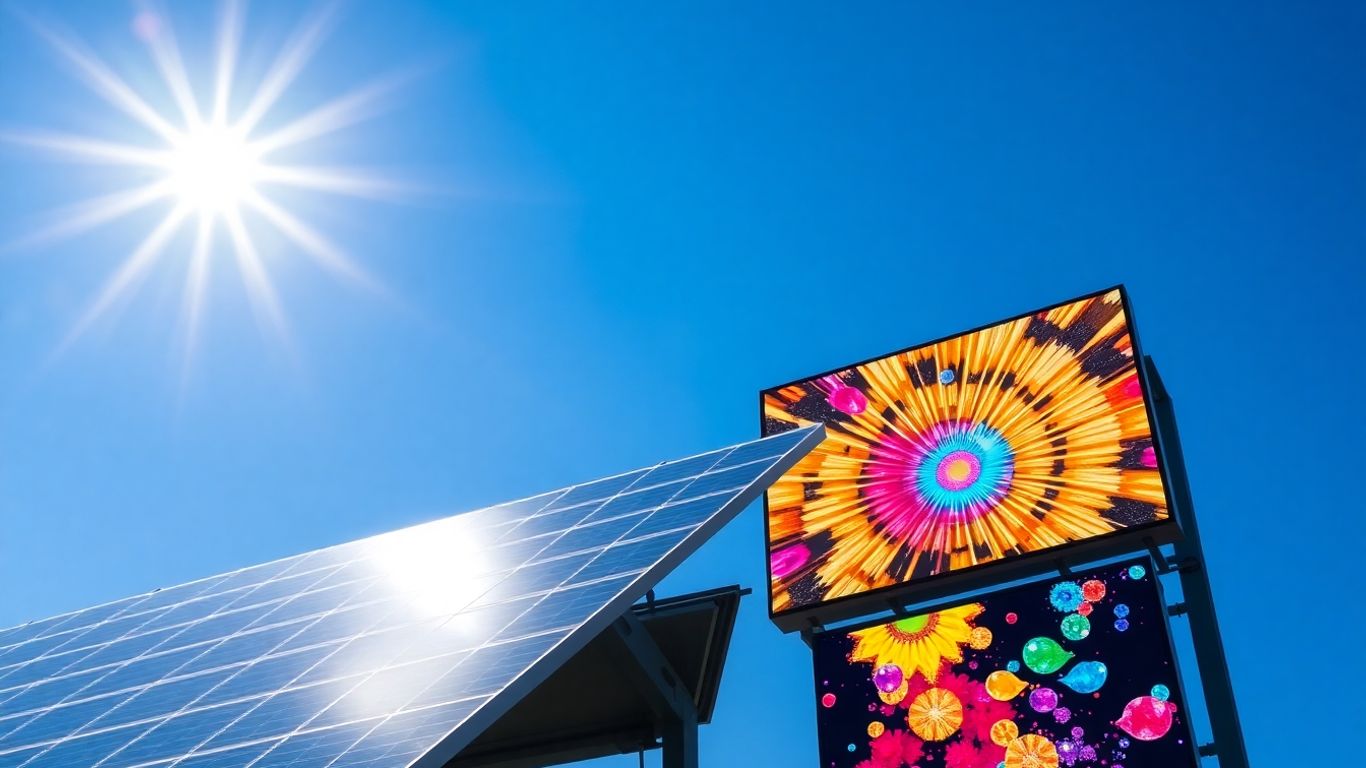 Panneau solaire et panneau publicitaire côte à côte.