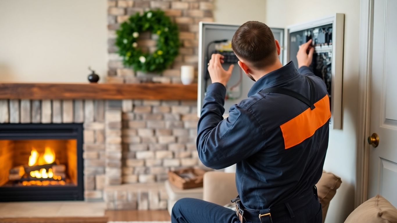 Electrician inspecting home electrical panel in winter